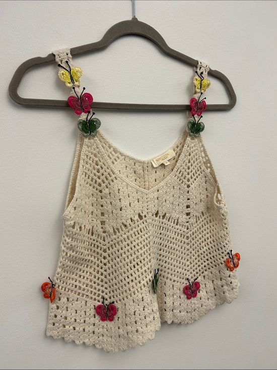 Tops - Rebellion Cream Crochet Boho Knit Tank Top with Appliqué Butterflies Size Med